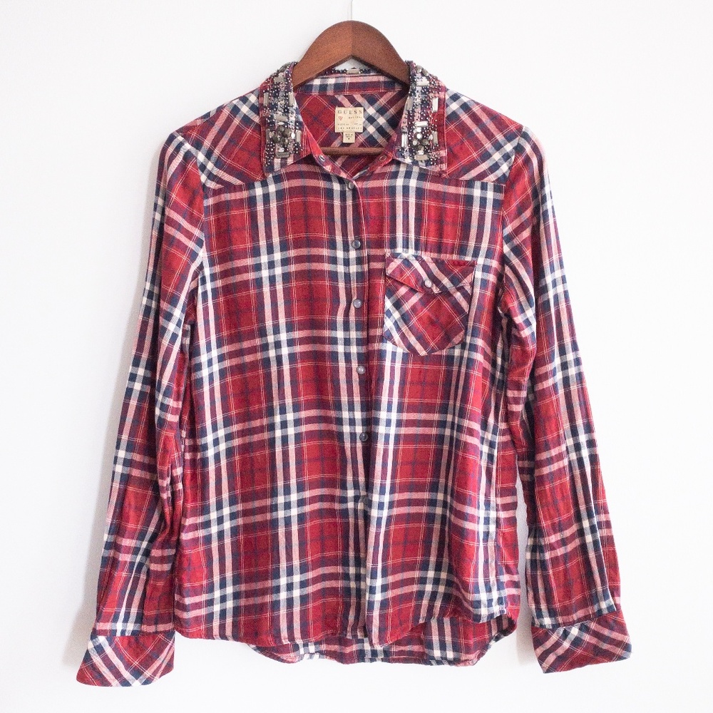 GUESS Embellished Collar Plaid Shirt